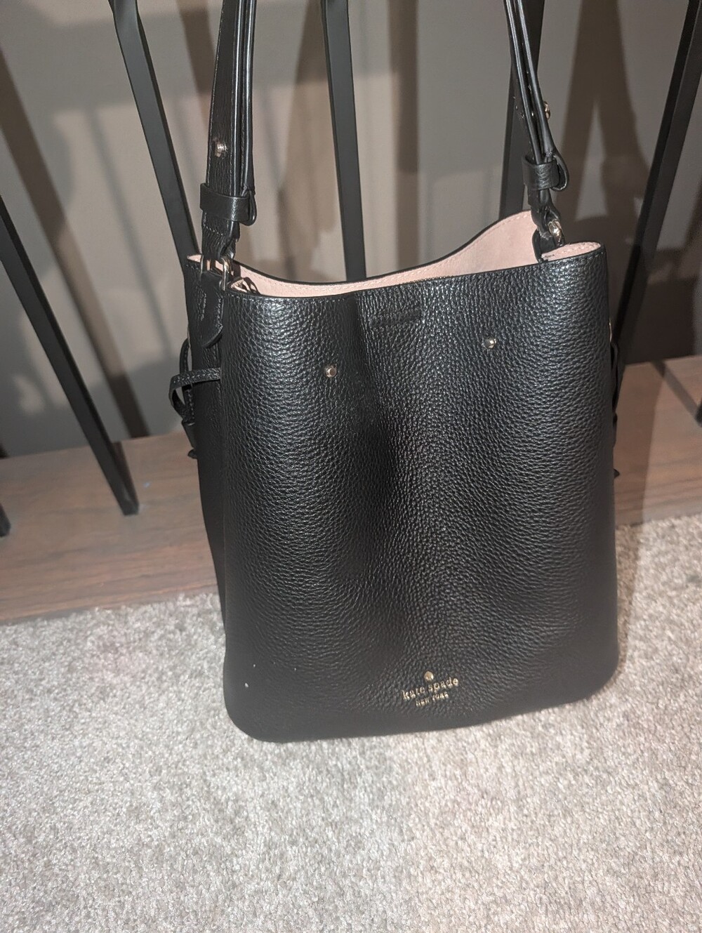 Kate Spade Black Pebbled Leather Shoulder Bucket Bag with Blush Interior
